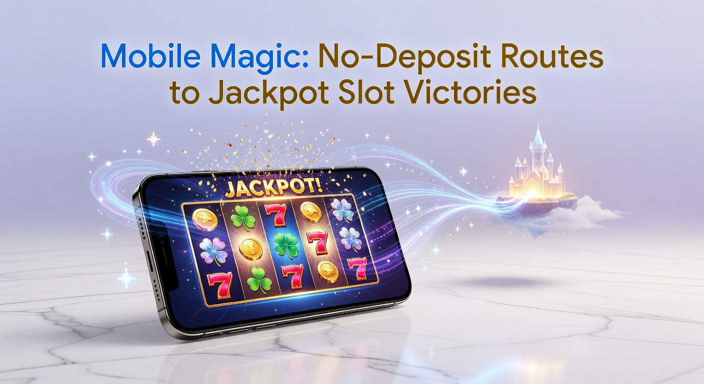 Smartphone mit leuchtendem Slot-Jackpot auf dem Bildschirm, umgeben von magischen Effekten und No-Deposit-Boni-Symbolen