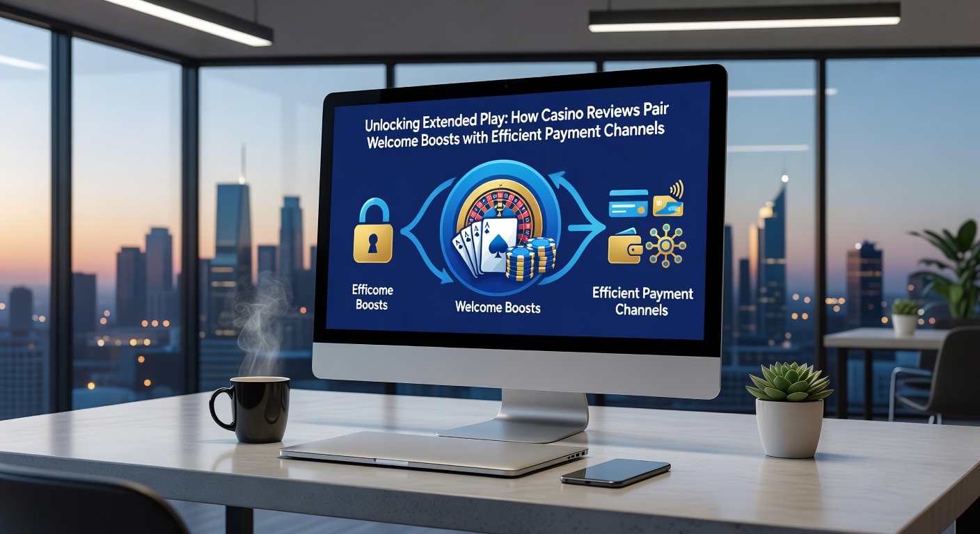 Grafik, die Casino-Rezensionen mit Willkommensboni, Zahlungsmethoden und verlängertem Spielzeit zeigt, inklusive Icons für E-Wallets und Slot-Jackpots